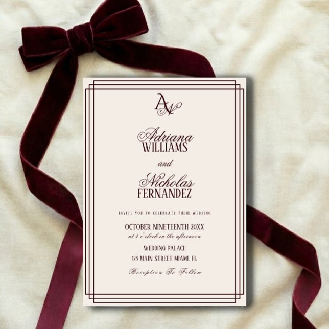 Convite Luxury Ivory Burgundy Monogram Wedding (Criador carregado)