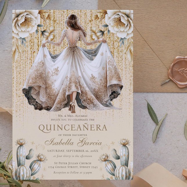 Convite Luxury Ivory Dourada Quinceañera (Criador carregado)