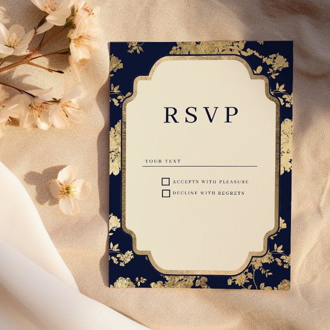 Convite Luxury ivory navy blue gold floral RSVP (Luxury ivory navy blue gold floral RSVP )