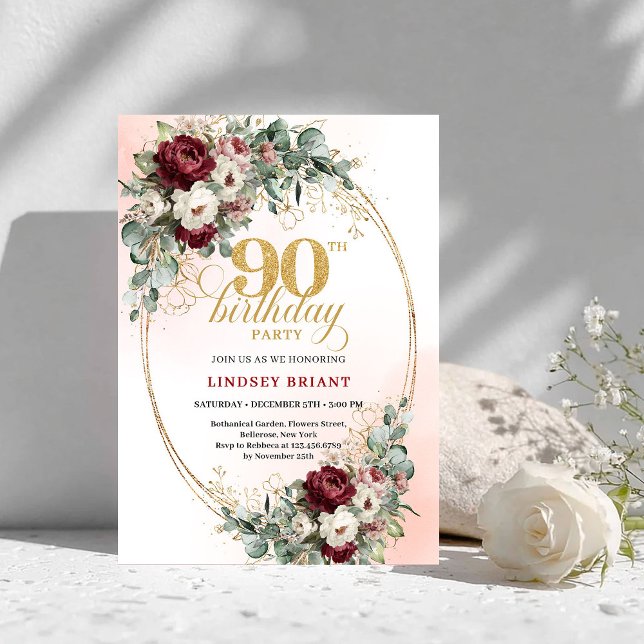 Convite Luxury Maroon Peonies Eucalyptus 90th Birthday  (Luxury Maroon Peonies Eucalyptus 90th Birthday Invite)