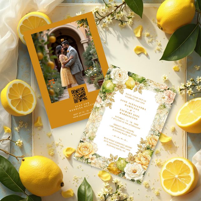 Convite Luxury Mediterranean Lemons & Flowers Photo (Luxury Delicate Mediterranean Lemons & Flowers Frame Wedding Invitation Cards.)