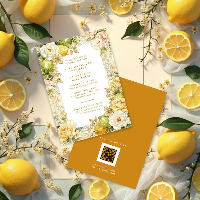 Convite Luxury Mediterranean Lemons & Flowers Wedding (Luxury Delicate Mediterranean Lemons & Flowers Frame Wedding Invitation Cards.)