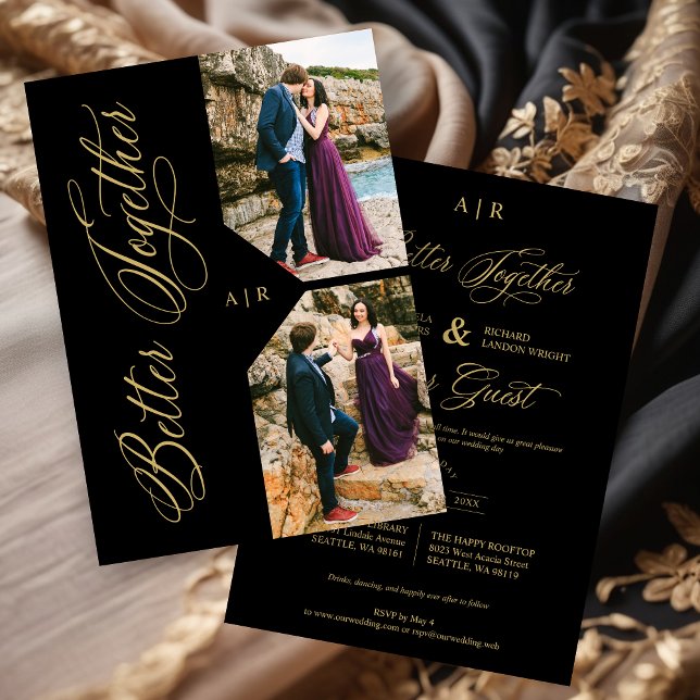 Convite Luxury Modern 2 Photos Collage Golden Whimsical (Luxury Modern 2 Photos Collage Golden Whimsical Wedding Invitation Card with Envelope.)