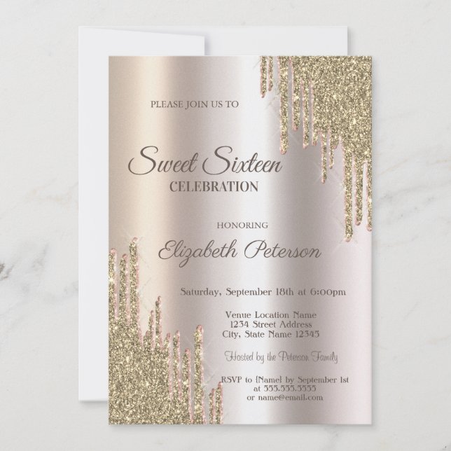 Convite Luxury Modern Glitter Drips Gold  Sweet 16 (Frente)