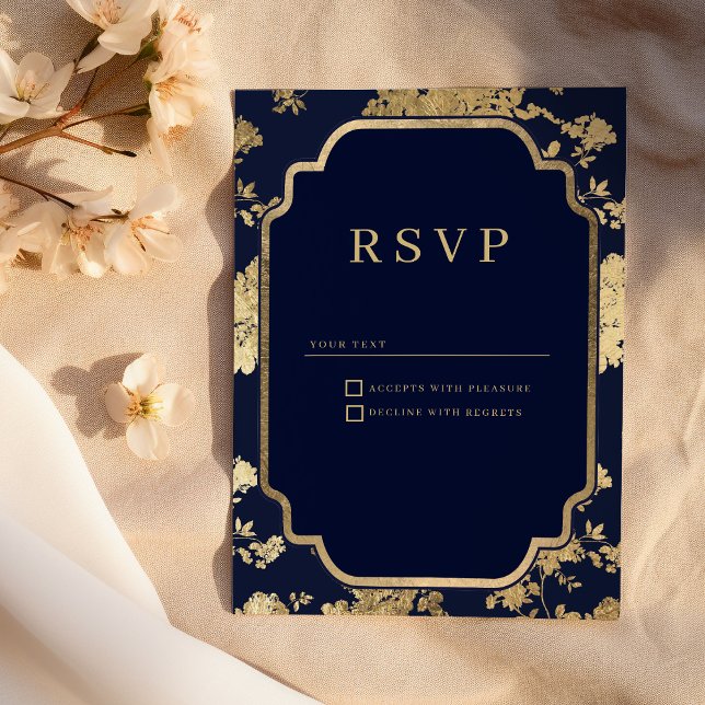 Convite Luxury navy blue and gold floral RSVP (Luxury navy blue and gold floral RSVP )