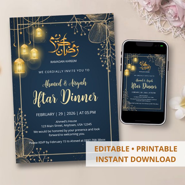 Convite Luxury Navy Blue and Gold Glitter Frame Iftar  (Criador carregado)