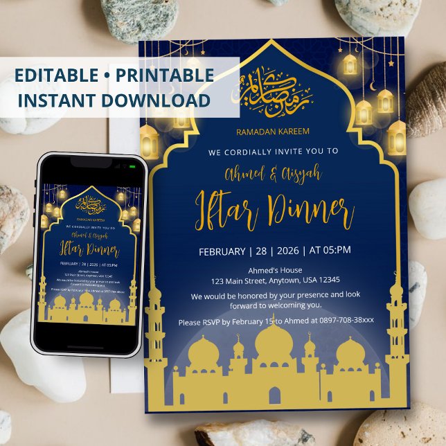 Convite Luxury Navy Blue and Gold Mosque Iftar Dinner (Criador carregado)