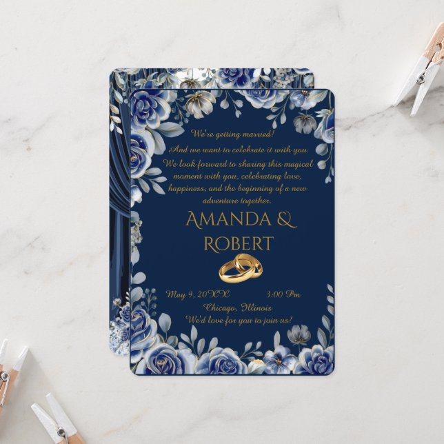 Convite Luxury Navy Blue and Gold Wedding Invitation with  (Frente/Verso In Situ)