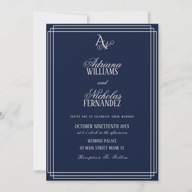 Convite Luxury Navy Blue Monogram Wedding (Frente)