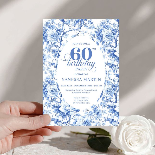 Convite Luxury Navy Blue Roses Toile 60th Birthday Invite (Luxury Navy Blue Roses Toile 60th Birthday Invite)