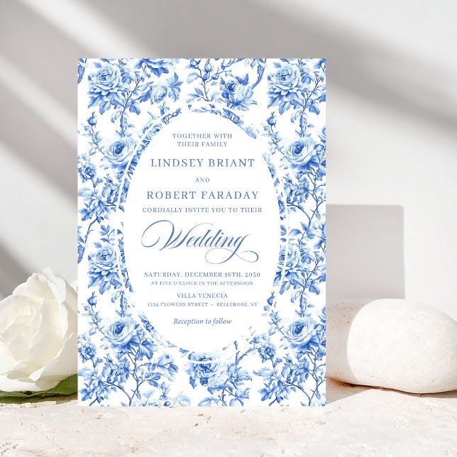 Convite Luxury Navy Blue Toile Rose Floral Wedding Invite (Luxury Navy Blue Toile Rose Floral Wedding Invitation)