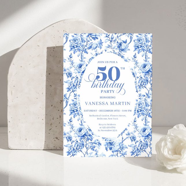 Convite Luxury Navy Blue Toile Roses 50th Birthday Invite (Luxury Navy Blue Toile Roses 50th Birthday Invitation)