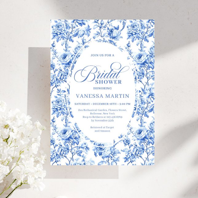 Convite Luxury Navy Blue Toile Roses Bridal Shower Invites (Luxury Navy Blue Toile Roses Bridal Shower Invitation)
