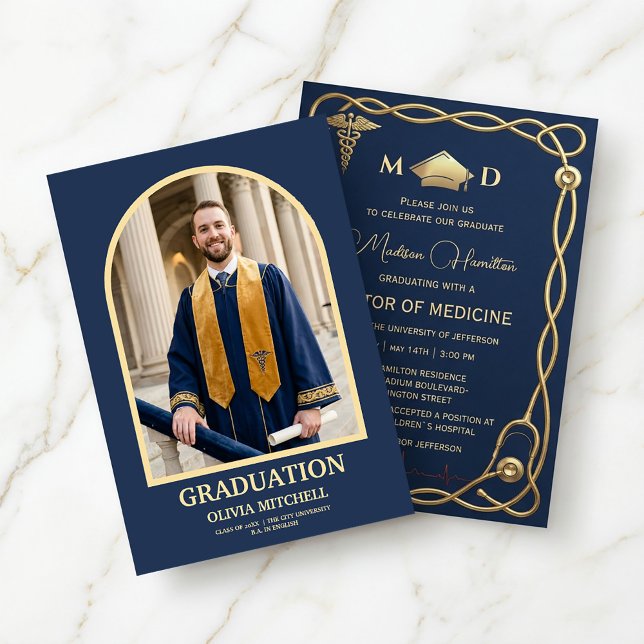 Convite Luxury Navy & Gold Medical Graduation Invitation (#GraduationInvitation #MedicalGraduation #DoctorOfMedicine #NavyAndGoldDesign
#LuxuryInvitation )