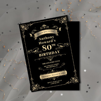 Convite Luxury Negro e Dourado Milestone Idade Aniversário