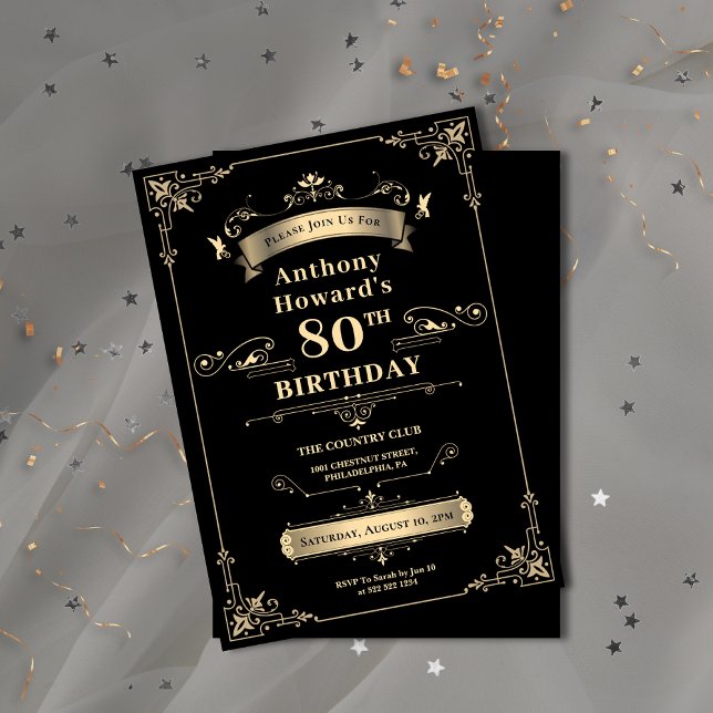 Convite Luxury Negro e Dourado Milestone Idade Aniversário (Luxury Black & Gold Shiny Milestone Age Birthday Invitation)