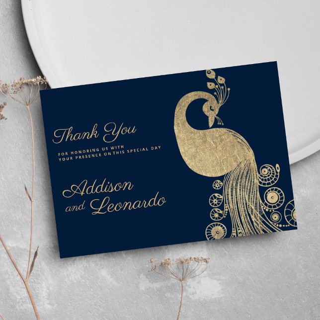 Convite Luxury ouro azul, pavão real elegante Obrigado (Luxury blue gold royal peacock elegant Thank You )