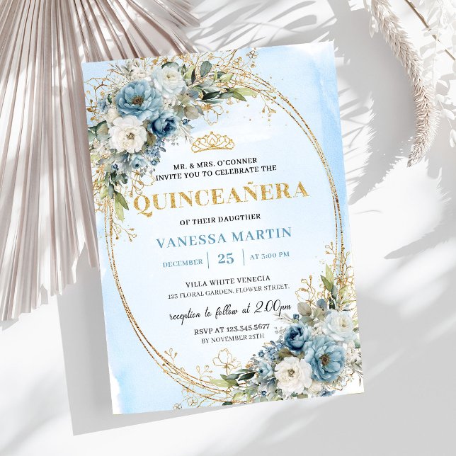 Convite Luxury Pastel Blue Gold Eucalyptus Quince Invites (Luxury Pastel Blue Gold Eucalyptus Quince Invitation)