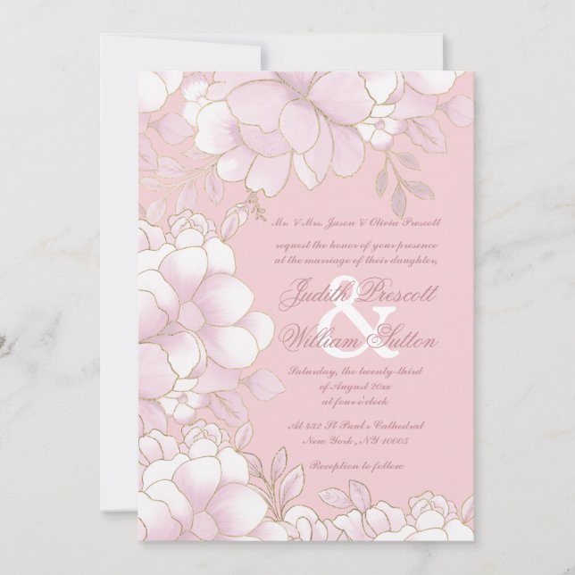 Convite Luxury pastel pink gold elegant floral wedding (Frente)