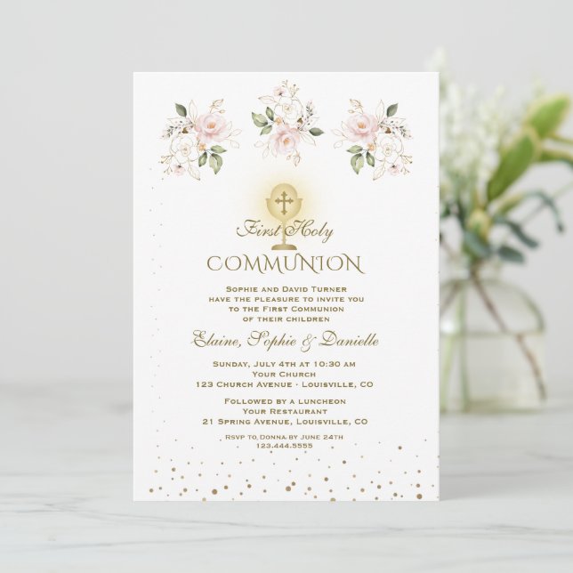Convite Luxury Pink Blush Floral Triplets Holy Communion (Em pé/Frente)