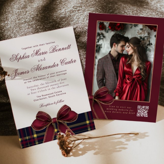 Convite Luxury plaid Burgundy Bow Winter Photo Wedding (Criador carregado)