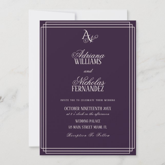 Convite Luxury Plum Monogram Wedding (Frente)