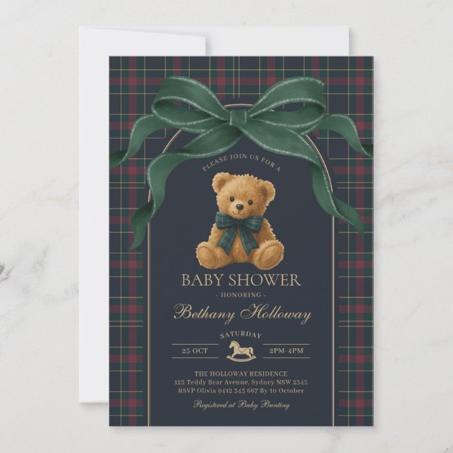 Convite Luxury Polo Teddy Bear Green Bow Plaid Baby Shower (Frente)