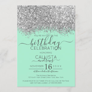 Convite Luxury Prata Neo Mint Glitter Confetti Aniversário