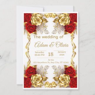 Convite Luxury Red and Gold Floral Wedding Invitation