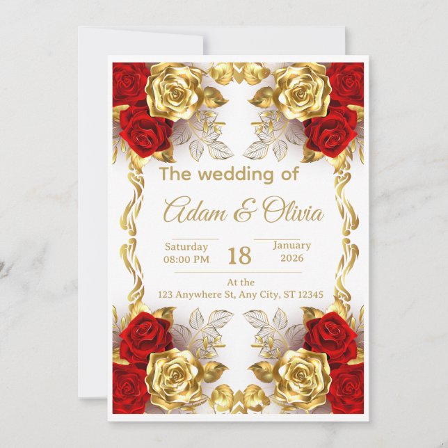 Convite Luxury Red and Gold Floral Wedding Invitation (Frente)
