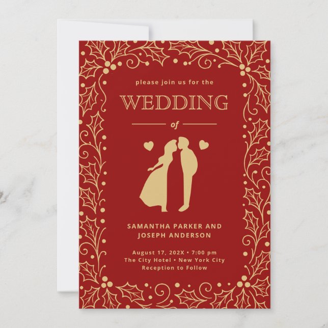 Convite Luxury Red & Antique-Gold Wedding (Frente)