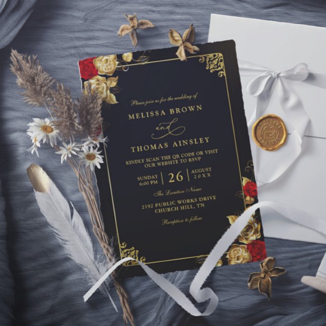 Convite Luxury Red Gold and Black Elegant QR Code Wedding (Criador carregado)
