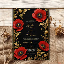 Convite Luxury Red Poppy Black and Gold Floral Elegant