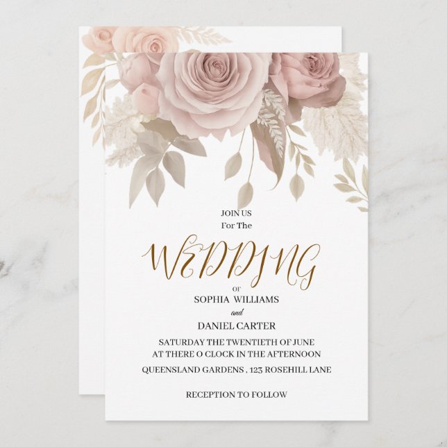 Convite Luxury Rose Gold Blush Botanical Wedding Card (Frente/Verso)