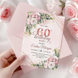 Convite Luxury Rose Gold Blush Pink Floral 60th Birthday