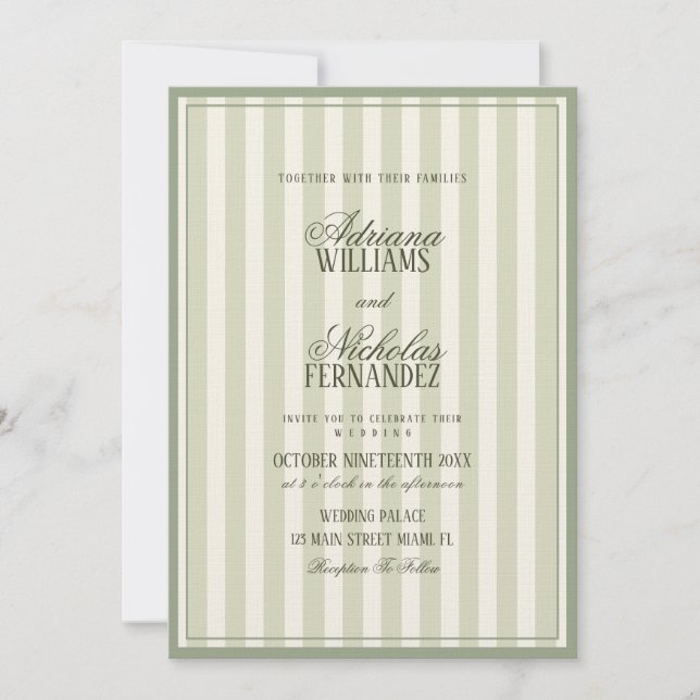 Convite Luxury Sage Green Striped Wedding (Frente)