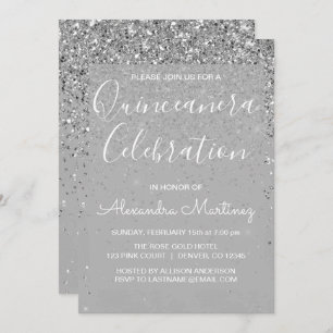 Convite Luxury Silver Girly Glitter Sparkle Quinceanera