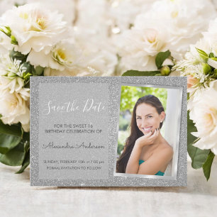 Convite Luxury Silver Glitter Sweet 16 Salve a data