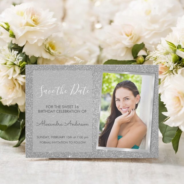 Convite Luxury Silver Glitter Sweet 16 Salve a data (Criador carregado)
