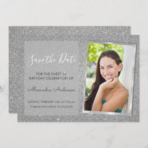 Convite Luxury Silver Glitter Sweet 16 Salve a data