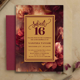 Convite Luxury Sweet 16 Burgundy Floral Gold Invitation