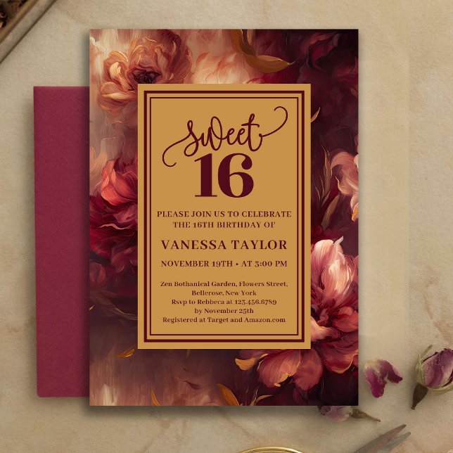 Convite Luxury Sweet 16 Burgundy Floral Gold Invitation (Luxury Sweet 16 Burgundy Floral Gold Invitation)