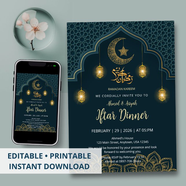 Convite Luxury Teal and Gold Mandala Iftar Invitation (Criador carregado)