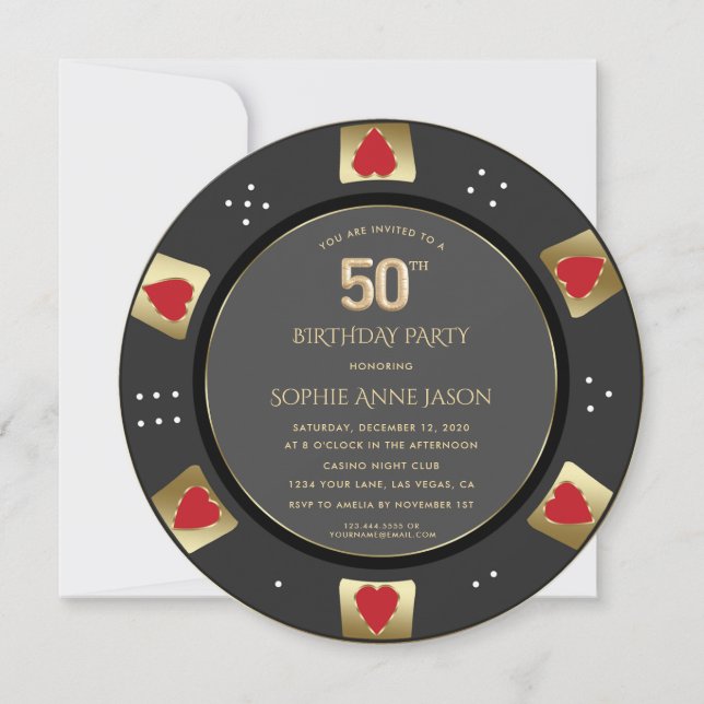 Convite Luxury Vegas Dourado Poker Chip 50º Aniversário (Frente)