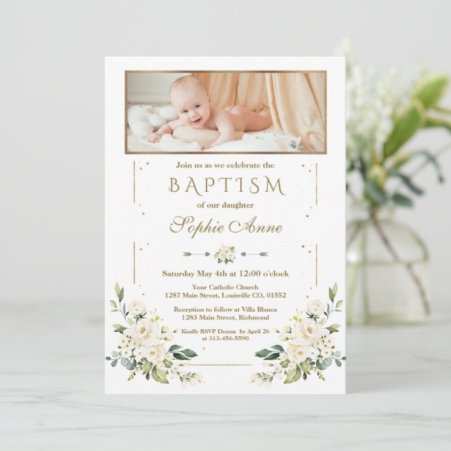 Convite Luxury Watercolor White Floral Gold Photo Baptism  (Em pé/Frente)
