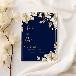 Convite Luxury white gold floral navy blue Save the Date