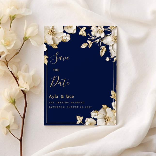 Convite Luxury white gold floral navy blue Save the Date (Luxury white gold floral navy blue Save the Date)