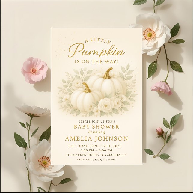 Convite Luxury White & Gold Pumpkin Baby Shower Invitation (Criador carregado)