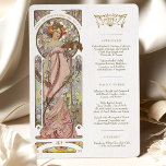 Convite Luxus Menu Weding Art Nouveau, de Mucha<br><div class="desc">Adicione um toque de elegância e sofisticação à sua recepção de casamento com este Menu de Casamento Art Nouveau. O trabalho de arte de aquarela apresenta uma das musas de Mucha segurando um copo de champanhe, criando uma sensação de luxo e celebração. O estilo Art Nouveau é caracterizado por suas...</div>