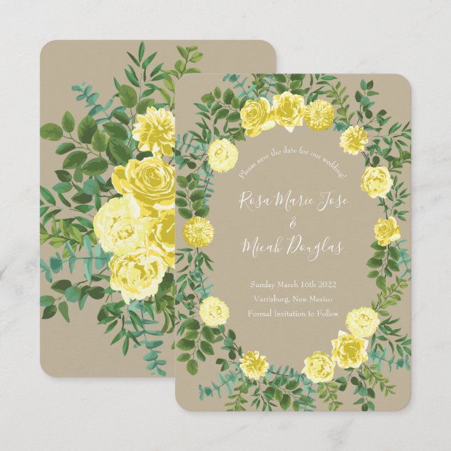 Convite Luz Amarelo & Bege Creme Salve Data de Casamento (Frente/Verso)